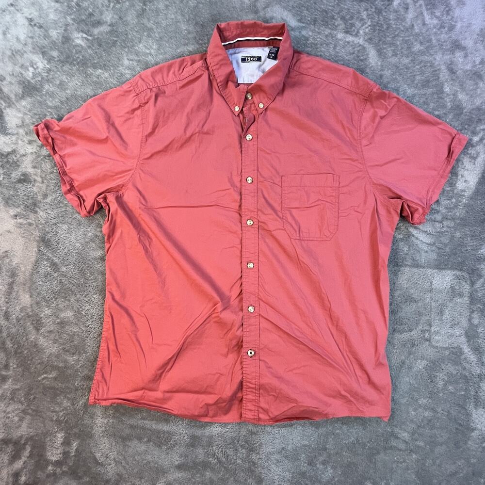 Izod Shirt Mens Extra Large Red Button Down Short Sleeve Pocket Casual Summer
